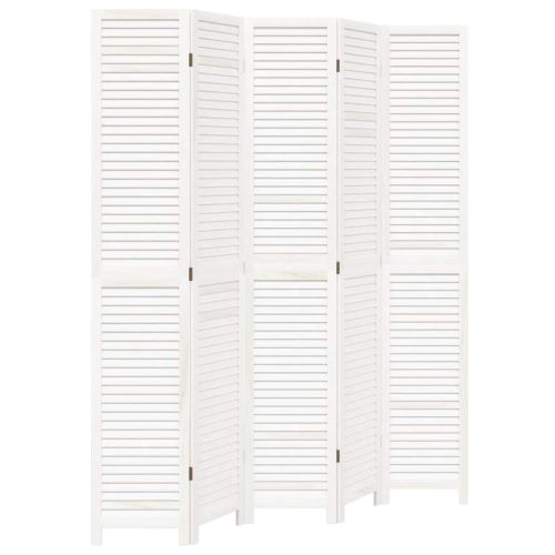 Разделител за стая, 5 панела, бял, дърво пауловния масив