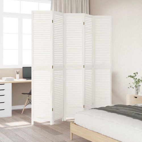 Разделител за стая, 5 панела, бял, дърво пауловния масив