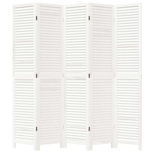 Разделител за стая, 5 панела, бял, дърво пауловния масив