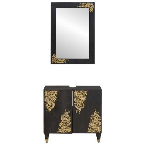 Комплект шкафове за баня 2 pcs Черно Солидно мангово дърво