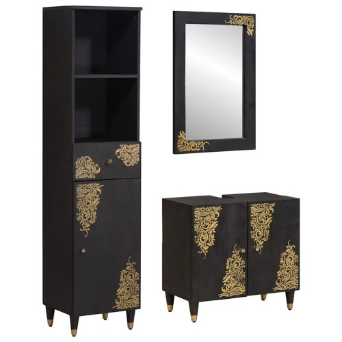 Комплект шкафове за баня 3 pcs Черно Солидно мангово дърво