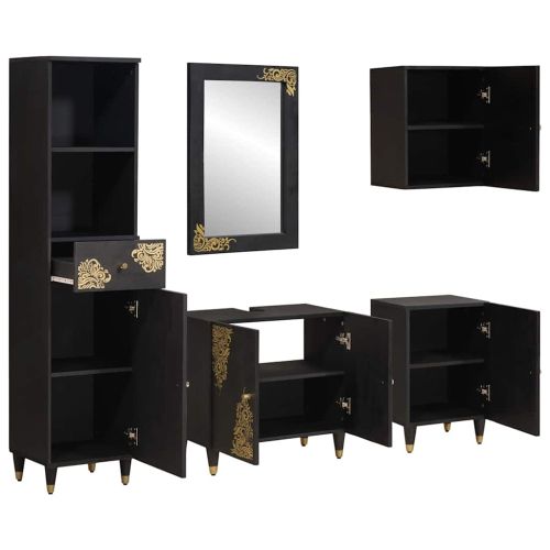 Комплект шкафове за баня 5 pcs Черно Солидно мангово дърво