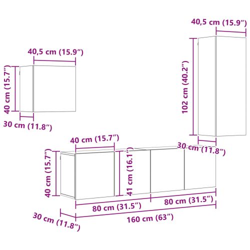 ТВ шкаф Монтиране на стена 4 pcs Дъб Инженерно дърво