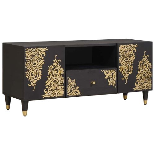 ТВ шкаф с чекмедже Черно 105 x 33 x 46 см Солидно мангово дърво