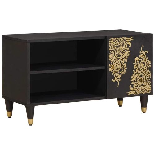 ТВ шкаф с рафт Черно 80 x 33 x 46 см Солидно мангово дърво