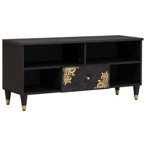 ТВ шкаф с чекмедже Черно 100 x 33 x 46 см Солидно мангово дърво
