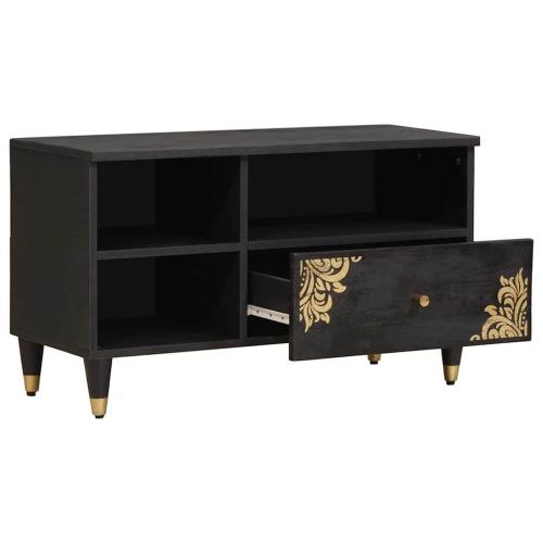 ТВ шкаф с чекмедже Черно 80 x 33 x 46 см Солидно мангово дърво