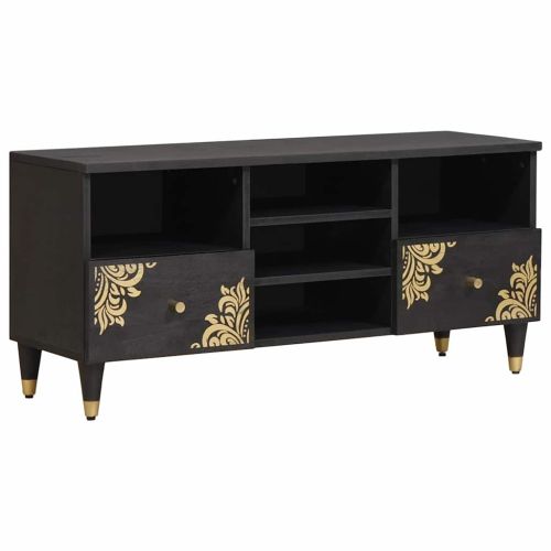 ТВ шкаф с чекмедже Черно 100 x 33 x 46 см Солидно мангово дърво