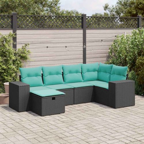 Градински диван с възглавници, 6 части, черен, полиратан