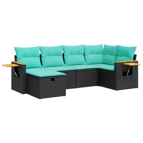 Градински диван с възглавници, 6 части, черен, полиратан