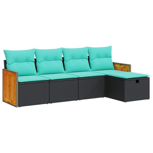 Градински комплект с възглавници, 5 части, черен полиратан