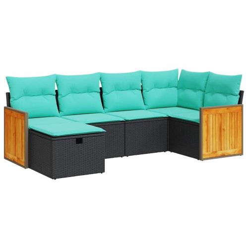 Градински диван с възглавници, 6 части, черен, полиратан