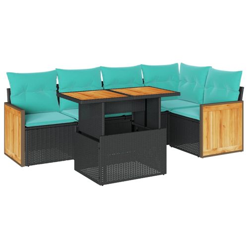 Градински диван с възглавници, 6 части, черен полиратан, акация