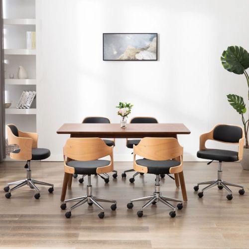 Въртящи трапезни столове 6бр черни извито дърво/изкуствена кожа