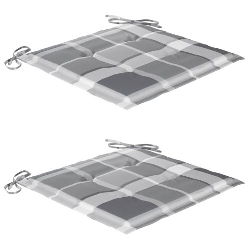 Градински столове, 2 бр, възглавници на сиво каре, тик масив