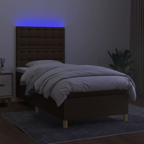 Боксспринг легло с матрак и LED, тъмнокафява, 90x200 см, плат