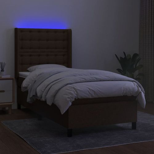 Боксспринг легло с матрак и LED, тъмнокафява, 90x200 см, плат