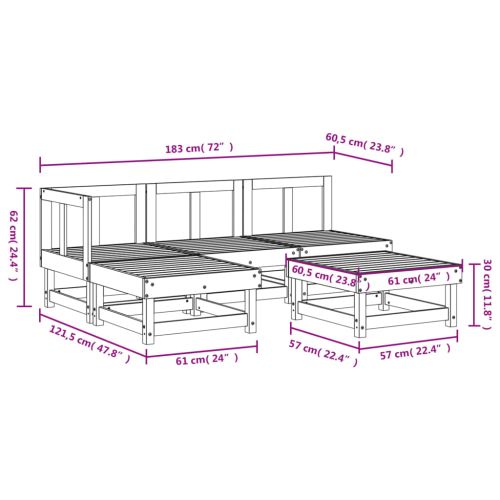 Градински лаундж комплект, 5 части, бял, бор масив