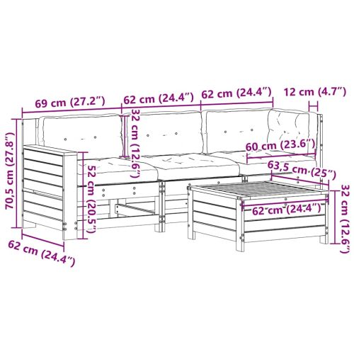 Градински лаундж комплект 4 части с възглавници бял масив бор