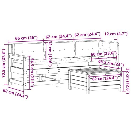 Градински лаундж комплект 4 части с възглавници бял масив бор
