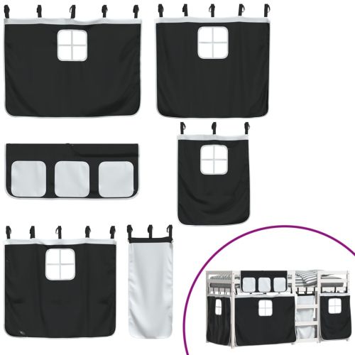 Двуетажно легло със завеси, бяло и черно, 90x190 см, бор масив