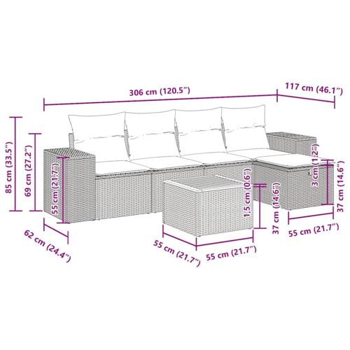 Градински диван с възглавници, 6 части, черен, полиратан