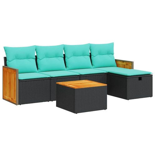 Градински диван с възглавници, 6 части, черен, полиратан