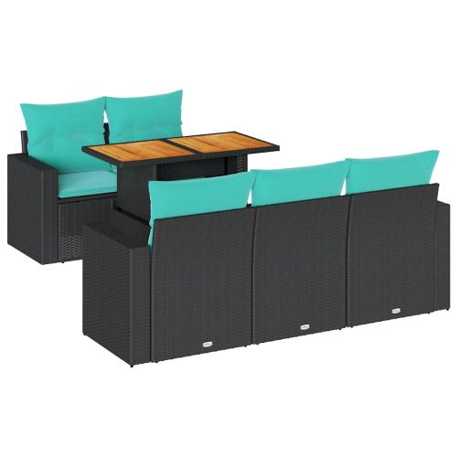 Градински диван с възглавници, 6 части, черен, полиратан