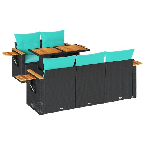 Градински диван с възглавници, 6 части, черен, полиратан