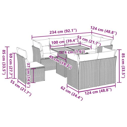 Градински комплект диван с възглавници 9 части сив полиратан
