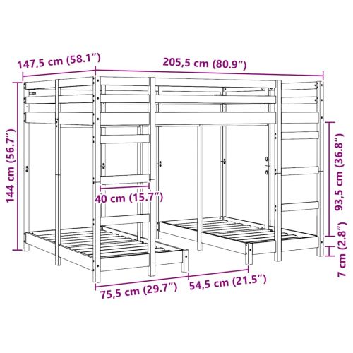 Рамка за тройно двуетажно легло Бяло 140 x 200 cm