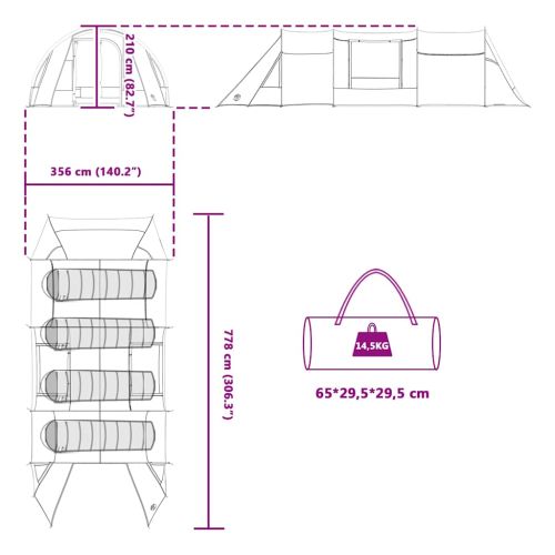 Тунелна палатка за 4-ма Сив и оранжев 778 x 356 x 210 см