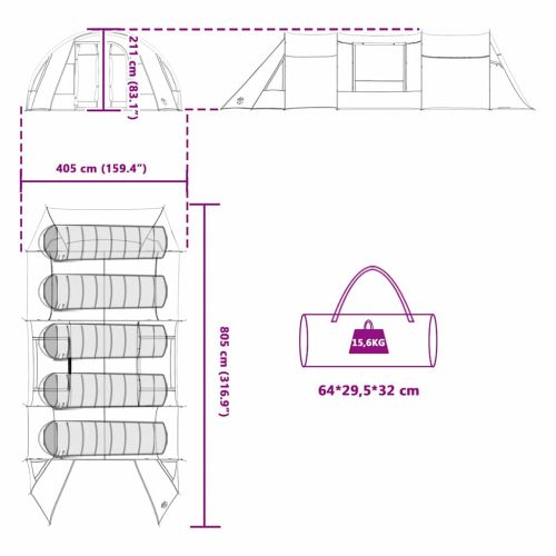 Тунелна палатка за 5 човека Зелен и бял 778 x 356 x 210 см
