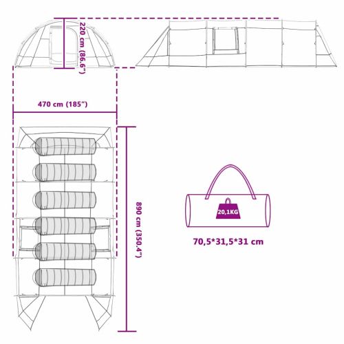 Тунелна палатка за 6 души Зелен и бял 778 x 356 x 210 см