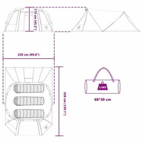 Тунелен палатка за 3 души Зелен и бял 328 x 228 x 115 см