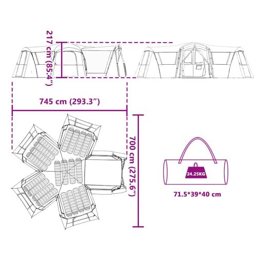 Семейна палатка за 20 души Зелен и бял 745 x 700 x 217 см