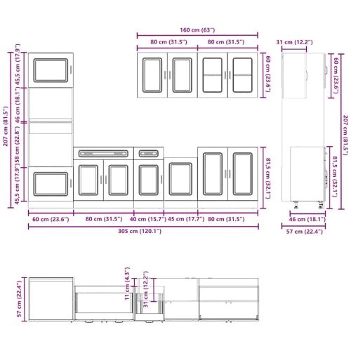 Комплект кухненски шкафове, 7 части, "Kalmar", кафяв дъб, инженерна дървесина