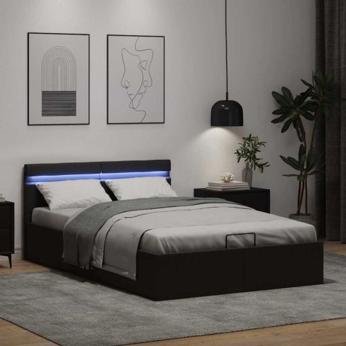 Легло с повдигащ механизъм и LED черно еко кожа 140x200 cм