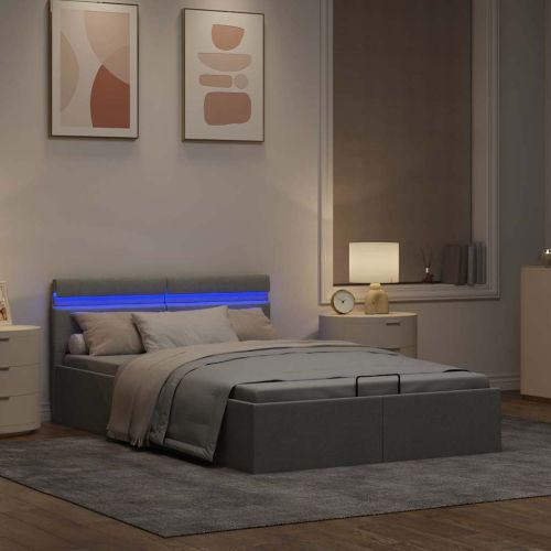 Легло с повдигащ механизъм и LED светлосиво текстил 140x200 см