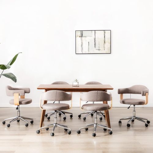 Въртящи трапезни столове, 6 бр, таупе, извито дърво и текстил