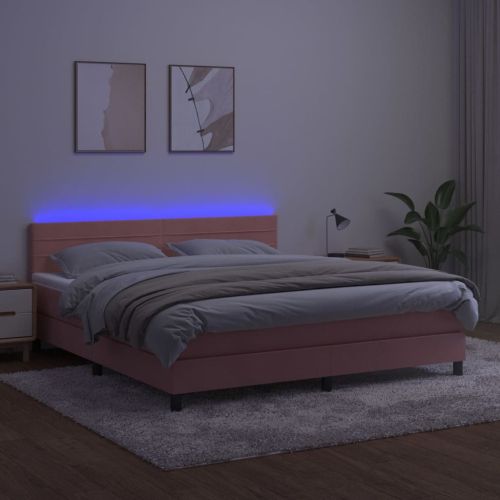Боксспринг легло с матрак и LED, розово, 180x200 см, кадифе