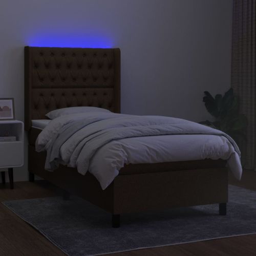 Боксспринг легло с матрак и LED, тъмнокафява, 90x200 см, плат