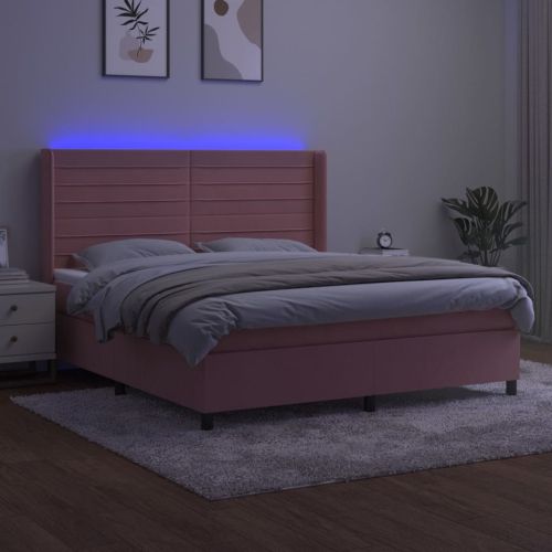 Боксспринг легло с матрак и LED, розово, 180x200 см, кадифе