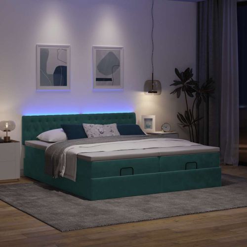 Османска легло с матраци и LED, тъмнозелено, 180x200 см, кадифе