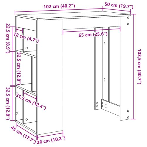 Бар маса с рафтове опушен дъб 102x50x103,5 см инженерно дърво