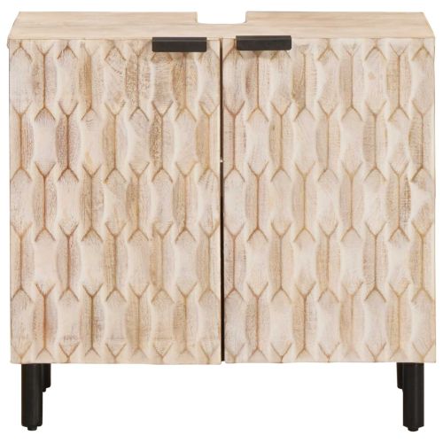 Шкаф за мивка в баня Бяло 62 x 33 x 58 см Солидно мангово дърво