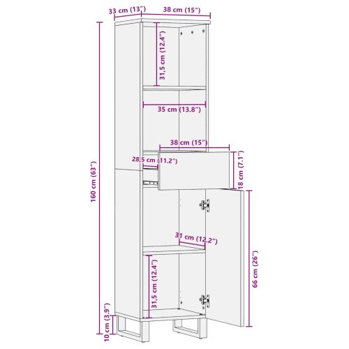 Шкаф за баня с рафт Дъб 38 x 33 x 160 см Солидно мангово дърво