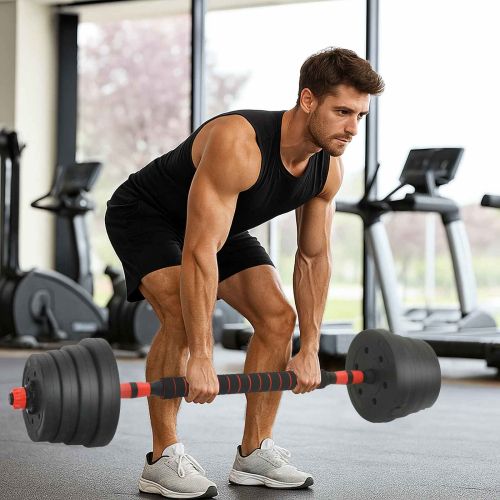 2-в-1 комплект дъмбели и щанга 30кг 30кг Черен и Червен