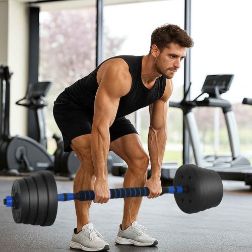 2-в-1 комплект дъмбели и щанга 30кг Черен и син