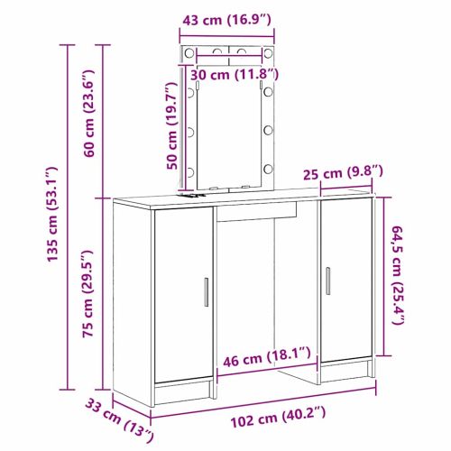 Тоалетка с врата Светлосиво 102 x 33 x 135 см Инженерно дърво